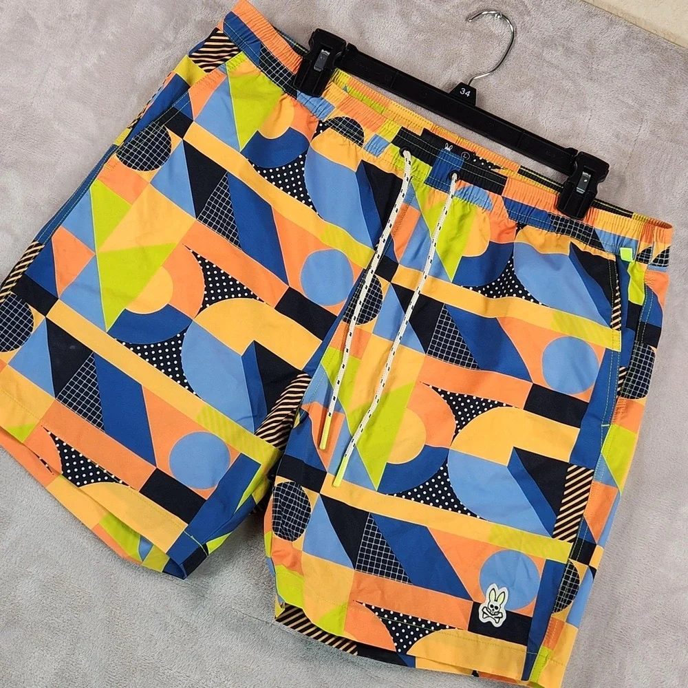 Psycho Bunny Swim Trunks Mens Large Multicolor Geo Print Lined Drawstring Beach